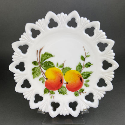 Westmoreland Milk Glass Decorative Plates with Hand Painted Violets,  Cherry Blossom, and Fruit.  Set of Four Plates with Reticulated Rim.