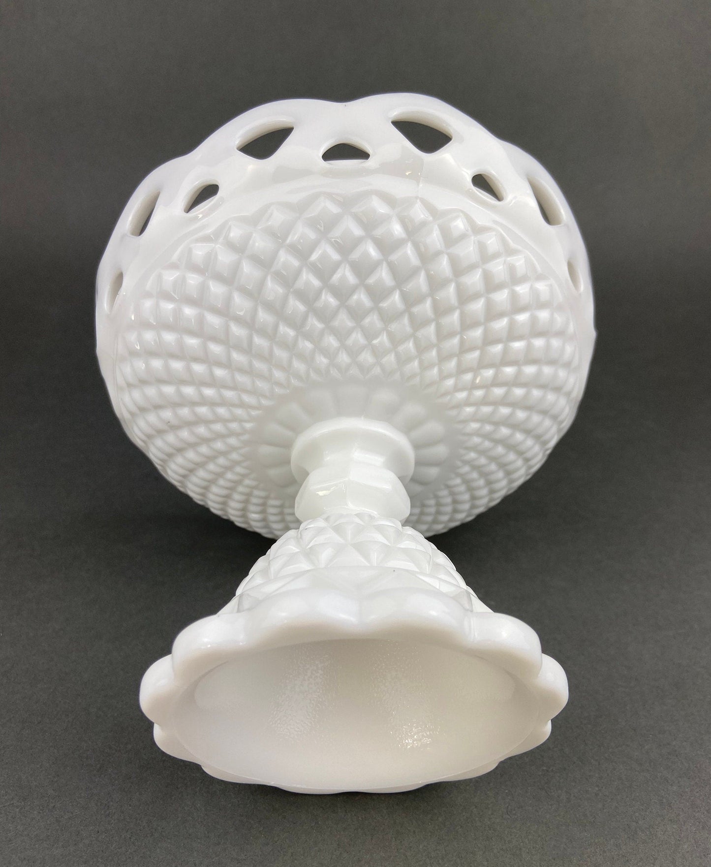 Vintage Milk Glass Compote or Footed Bowl. White Glass Candy Dish. Trinket Dish. Waffle Pattern with Scalloped Reticulated Edge.