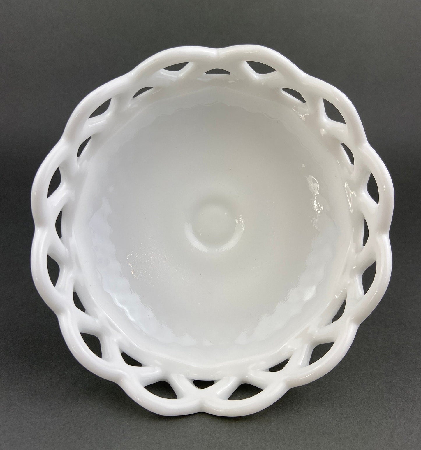 Vintage Milk Glass Compote or Footed Bowl. White Glass Candy Dish. Trinket Dish. Waffle Pattern with Scalloped Reticulated Edge.