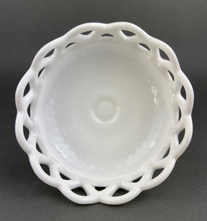 Vintage Milk Glass Compote or Footed Bowl. White Glass Candy Dish. Trinket Dish. Waffle Pattern with Scalloped Reticulated Edge.