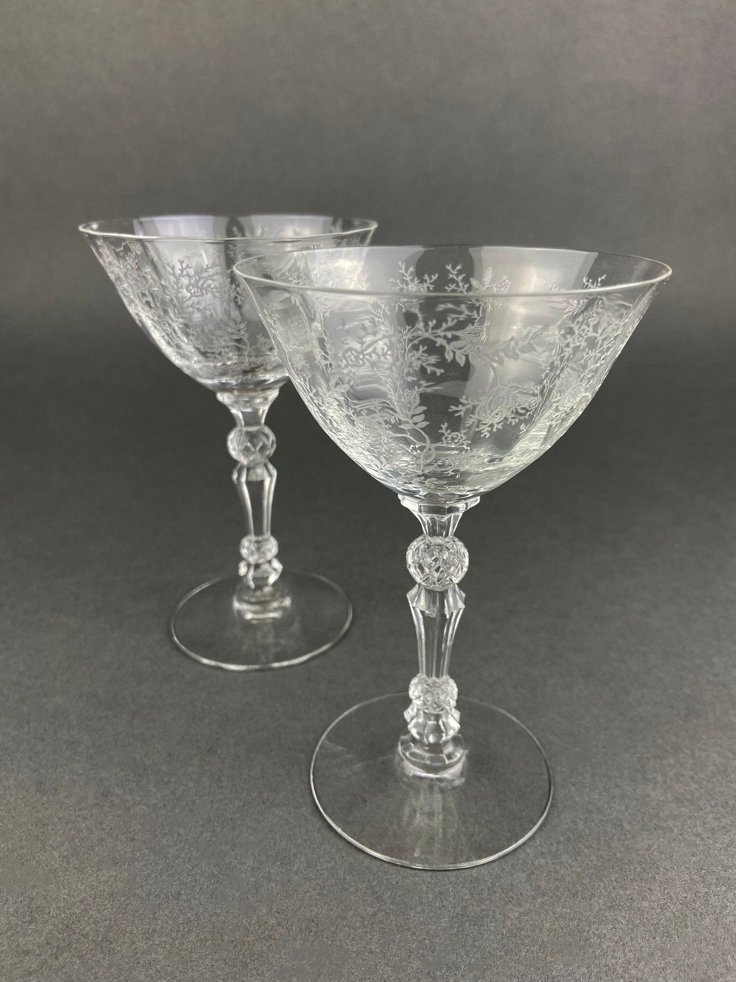 Vintage Fostoria Claret Wine Glasses. Set of Two Chintz Motif Stemware. Fine Dining.