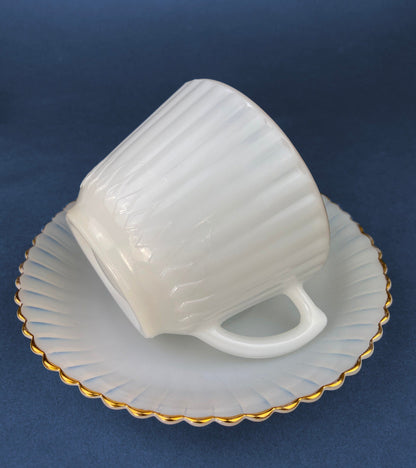 Antique Monax Petalware Opalescent Tea Set Trio. White and Gold Depression Glass Tea Cup, Saucer, Dessert or Salad Plate & Serving Plate.