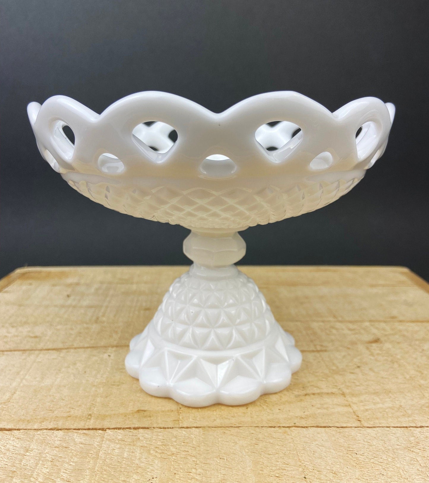 Vintage Milk Glass Compote or Footed Bowl. White Glass Candy Dish. Trinket Dish. Waffle Pattern with Scalloped Reticulated Edge.