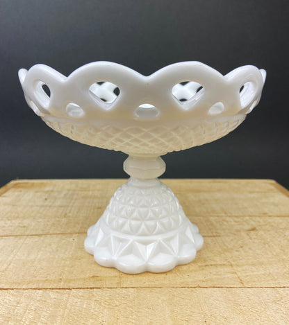Vintage Milk Glass Compote or Footed Bowl. White Glass Candy Dish. Trinket Dish. Waffle Pattern with Scalloped Reticulated Edge.