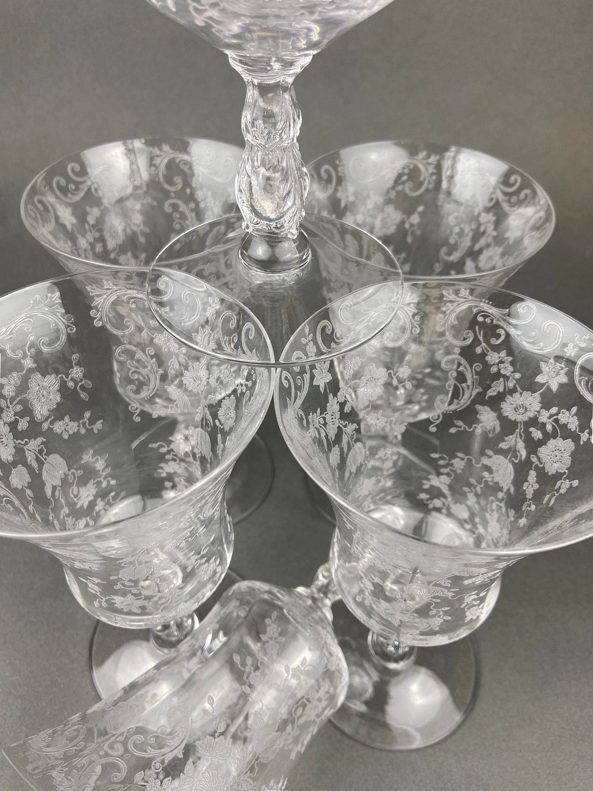Vintage Cambridge Rose Point Champagne Glasses. Set of Five Tall Sherbets. Floral Etching Stemware. Fine Dining. Wedding Gift Idea.