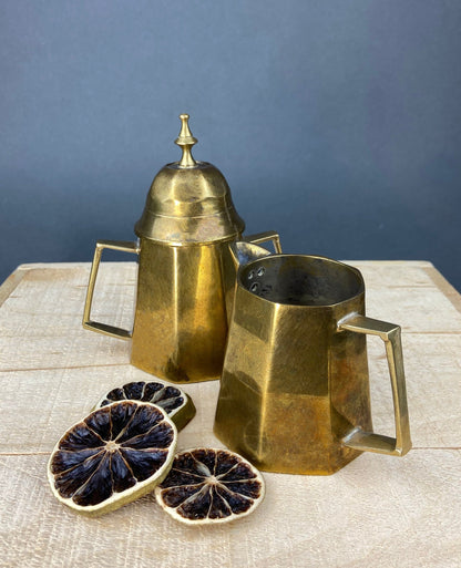 Vintage Metal Coffee Pot, Tea Pot with Creamer & Sugar Bowl with Black Handles. Marked WE B.P.M.S.