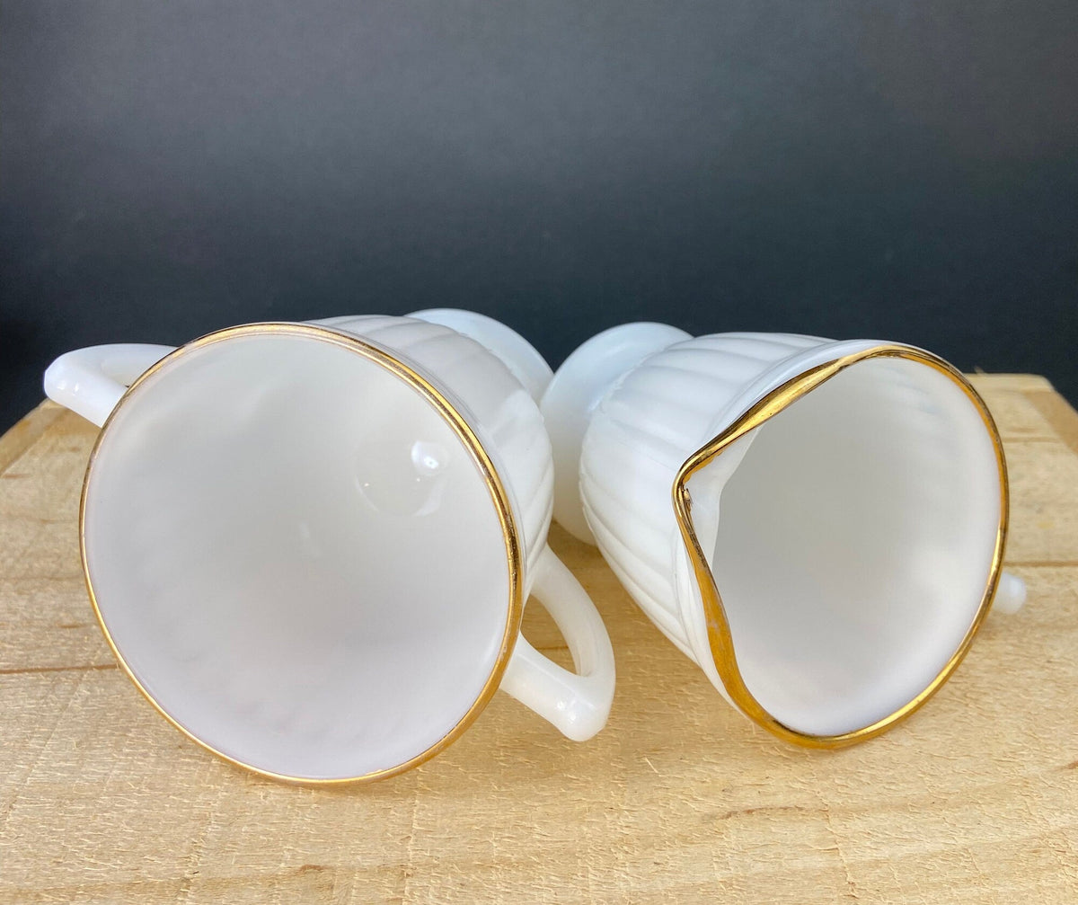 Monax Petalware Opalescent Creamer and Sugar Bowl. White with Gold Brim Depression Glass Creamer and Sugar Bowl.