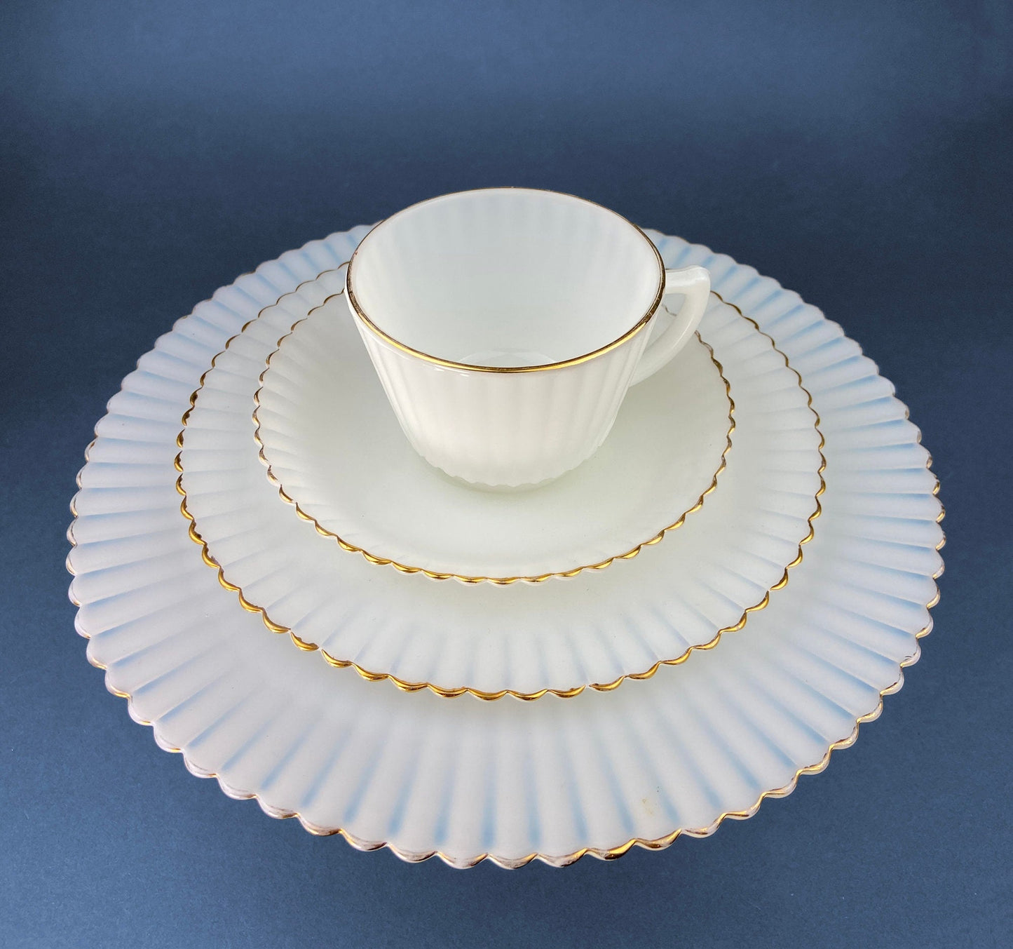 Antique Monax Petalware Opalescent Tea Set Trio. White and Gold Depression Glass Tea Cup, Saucer, Dessert or Salad Plate & Serving Plate.