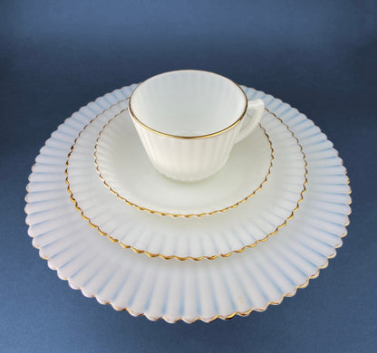 Antique Monax Petalware Opalescent Tea Set Trio. White and Gold Depression Glass Tea Cup, Saucer, Dessert or Salad Plate & Serving Plate.