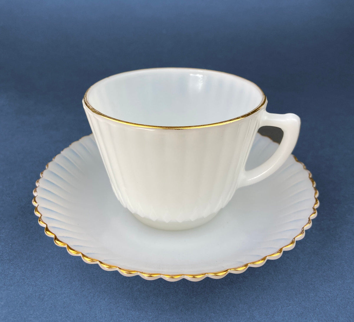 Antique Monax Petalware Opalescent Tea Set Trio. White and Gold Depression Glass Tea Cup, Saucer, Dessert or Salad Plate & Serving Plate.