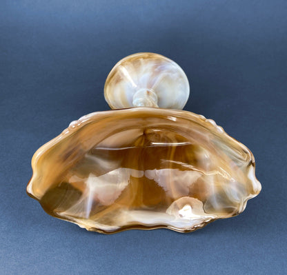 Vintage Slag Glass Footed Bowl. Brown and White Marbled Compote with Floral Base. Candy or Trinket  Dish.
