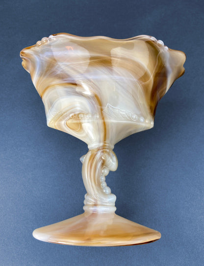 Vintage Slag Glass Footed Bowl. Brown and White Marbled Compote with Floral Base. Candy or Trinket  Dish.