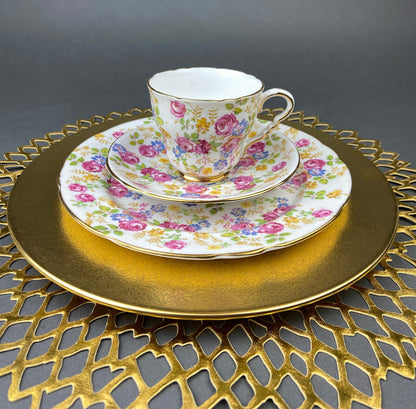 Antique Limoges Porcelain Tea Set/Trio. Teacup, Saucer & Bread/Butter Plate. Silver Anniversary. White China with Gold Rim, Haviland, France