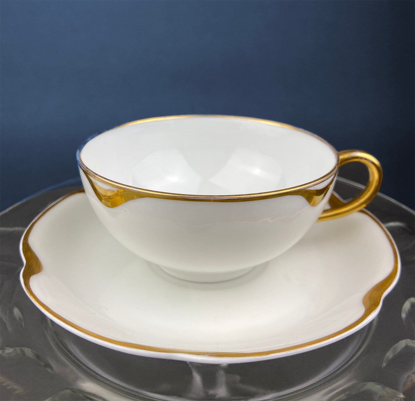 Antique Limoges Porcelain Tea Set/Trio. Tea Cup, Saucer and Salad Plate. White China with Scalloped Gold Rim, Theodore Haviland, France.