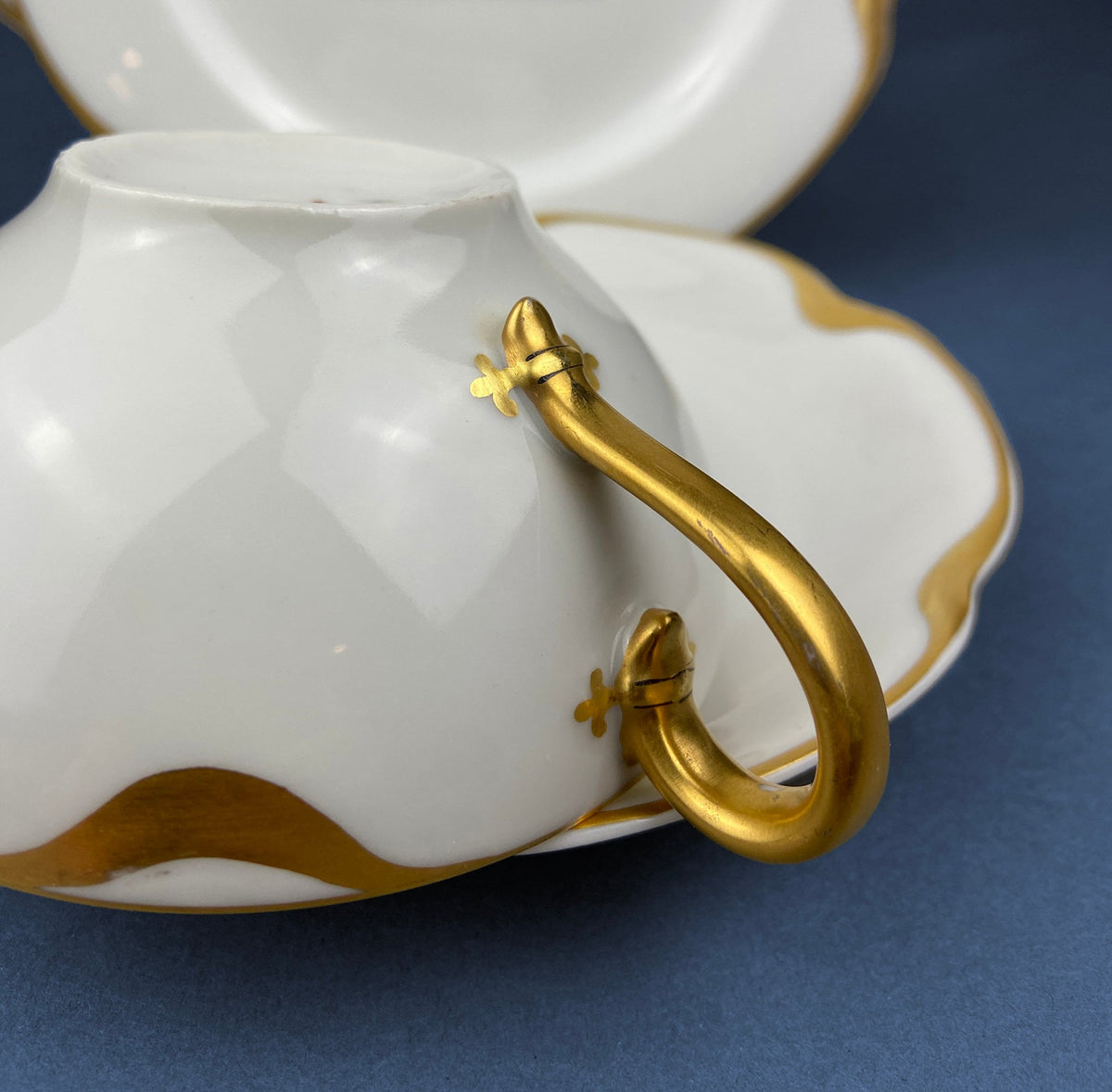 Limoges Haviland Teacup and Saucer, Gold Scalloped Rim, Silver Anniversary Pattern