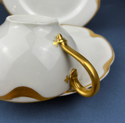 Antique Limoges Porcelain Tea Set/Trio. Teacup, Saucer & Bread/Butter Plate. Silver Anniversary. White China with Gold Rim, Haviland, France