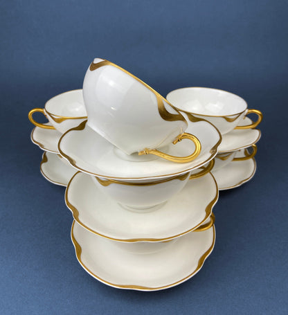 Antique Limoges Porcelain Tea Set/Trio. Tea Cup, Saucer and Salad Plate. White China with Scalloped Gold Rim, Theodore Haviland, France.