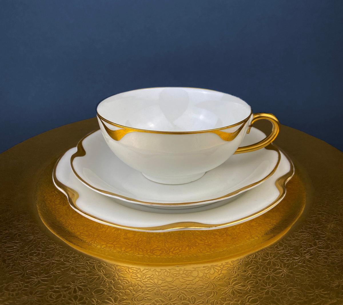Antique Limoges Porcelain Tea Set/Trio. Teacup, Saucer & Bread/Butter Plate. Silver Anniversary. White China with Gold Rim, Haviland, France