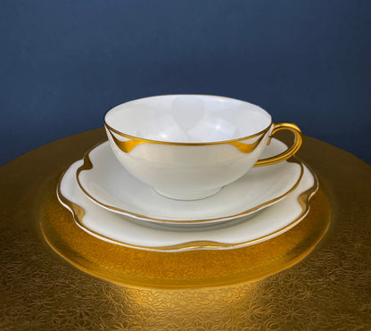 Antique Limoges Porcelain Tea Set/Trio. Teacup, Saucer & Bread/Butter Plate. Silver Anniversary. White China with Gold Rim, Haviland, France