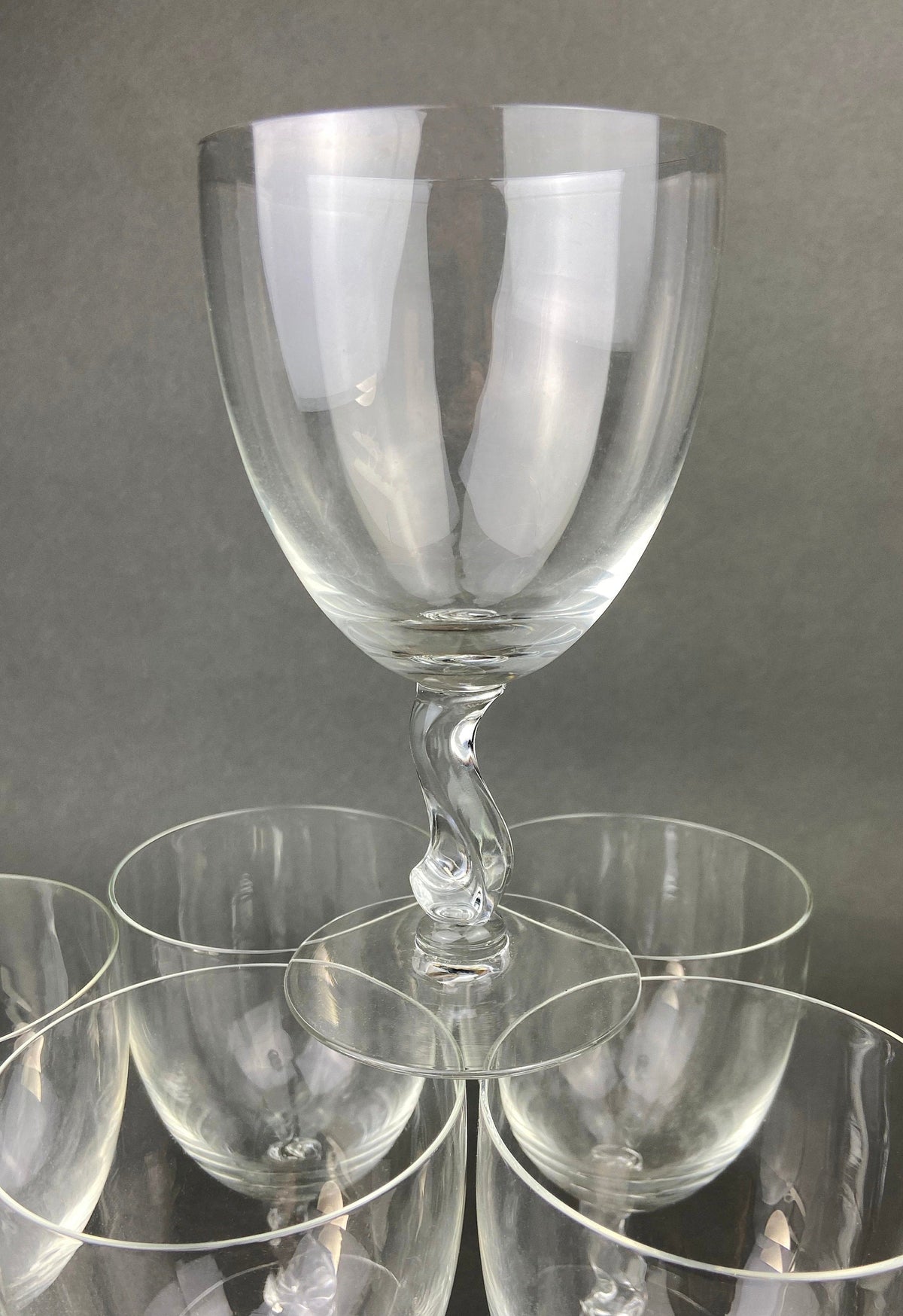 Fostoria Contour Clear Crystal Goblets with S-Shaped Stem. Set of Seven Water or Juice Stemware.  Luxurious Barware. Gift for Him.