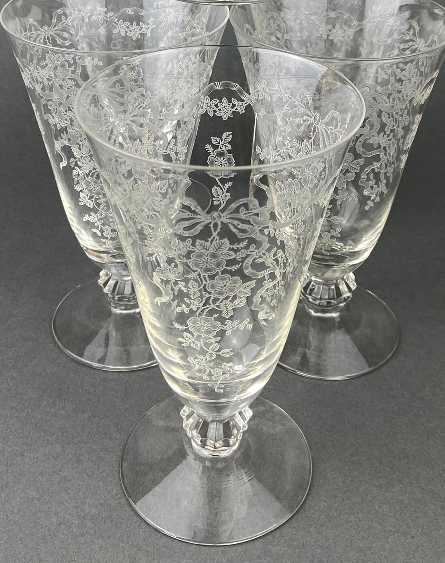 Fostoria Ice Tea Footed Tumblers. Etched Woodland Pattern. Vintage Fostoria Crystal Glasses. Set of 7 Stemware. Collectible Glass.