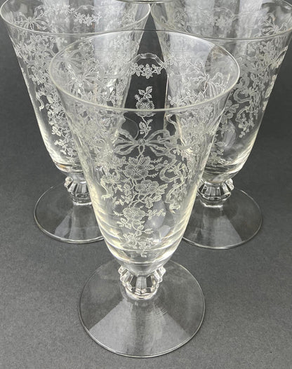 Fostoria Ice Tea Footed Tumblers. Etched Woodland Pattern. Vintage Fostoria Crystal Glasses. Set of 7 Stemware. Collectible Glass.