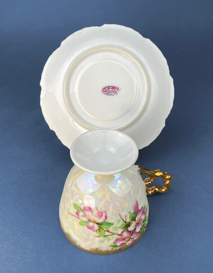 Vintage Metasco Tea Cup and Saucer, Cherry Blossom Iridescent Set