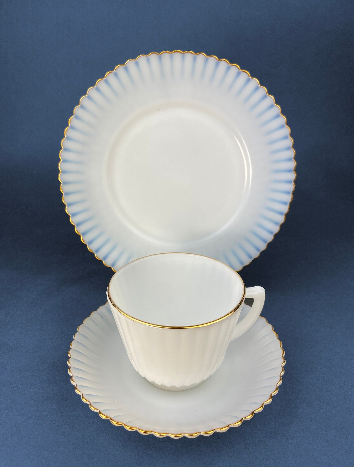 Antique Monax Petalware Opalescent Tea Set Trio. White and Gold Depression Glass Tea Cup, Saucer, Dessert or Salad Plate & Serving Plate.