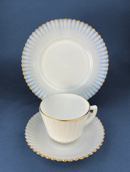 Antique Monax Petalware Opalescent Tea Set Trio. White and Gold Depression Glass Tea Cup, Saucer, Dessert or Salad Plate & Serving Plate.