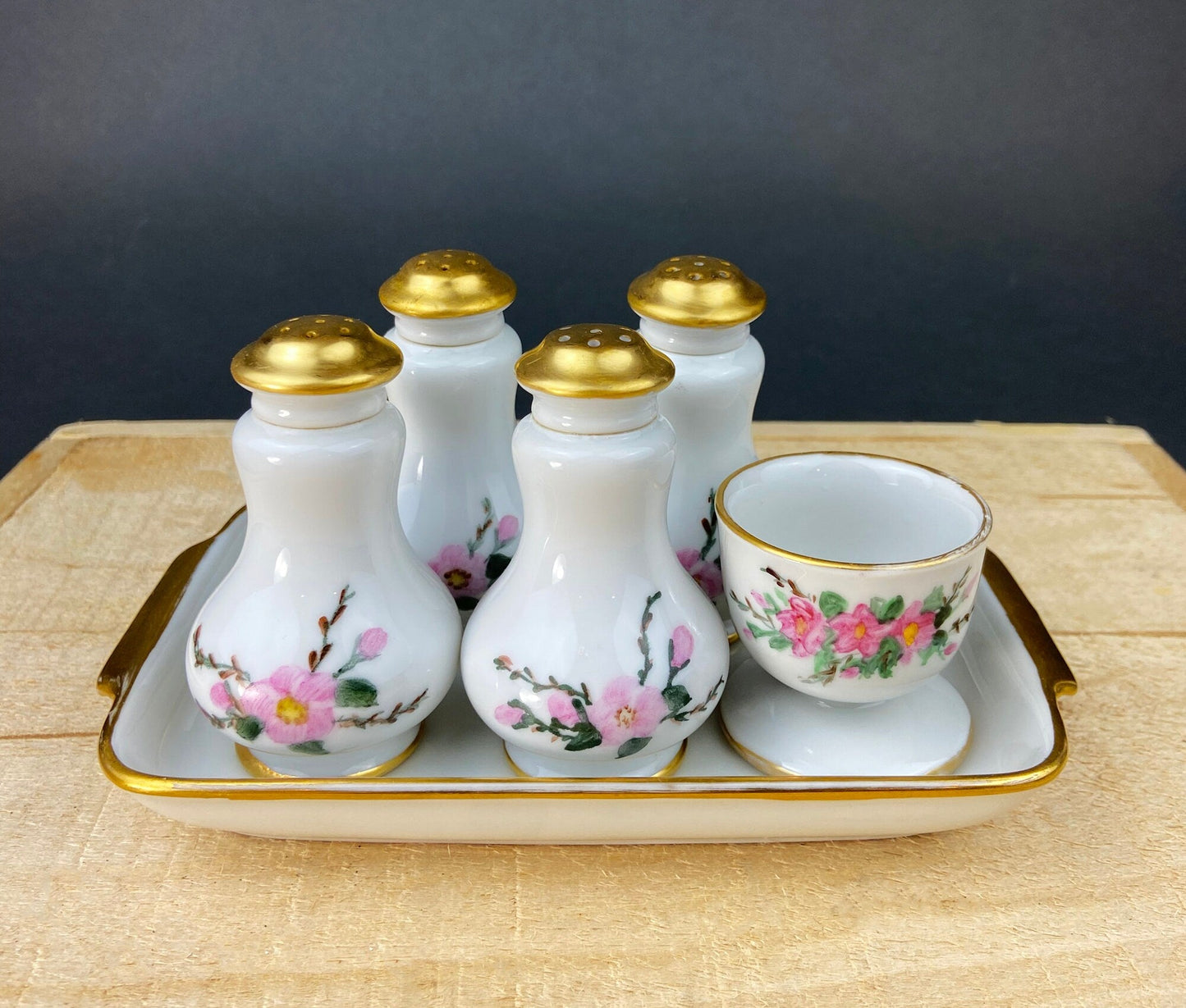 Eschenbach Baronet China Serving Set. Sauce Boat, Three Oval Platters, Egg Cup and Four Shakers with Tray. Germany. Holiday Celebration.