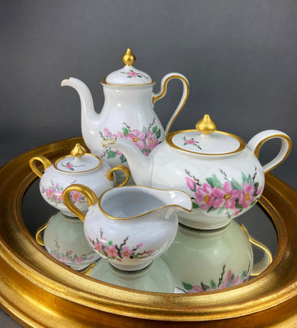 Vintage Dinner Set with Yellow Red Bands Rose Garlands. Kikusui China: 8 Dinner & Salad Plates, 6 Soup Plates, 4 Cups Saucers, Creamer/Sugar