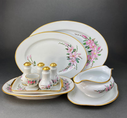 Eschenbach Baronet China Serving Set. Sauce Boat, Three Oval Platters, Egg Cup and Four Shakers with Tray. Germany. Holiday Celebration.