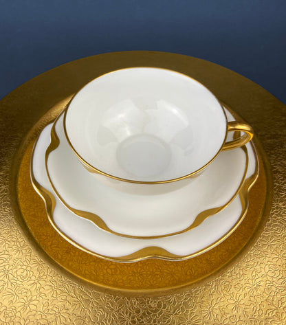 Antique Limoges Porcelain Tea Set/Trio. Tea Cup, Saucer and Salad Plate. White China with Scalloped Gold Rim, Theodore Haviland, France.