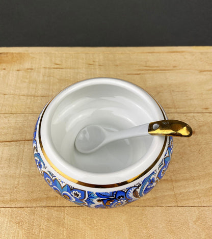Vintage Italian Sugar Bowl/Bomboniere with Ceramic Spoon. Hand Painted Sugar Jar or Candy Dish. Lavorazione a Mano, Car Bomboniere. Italy.