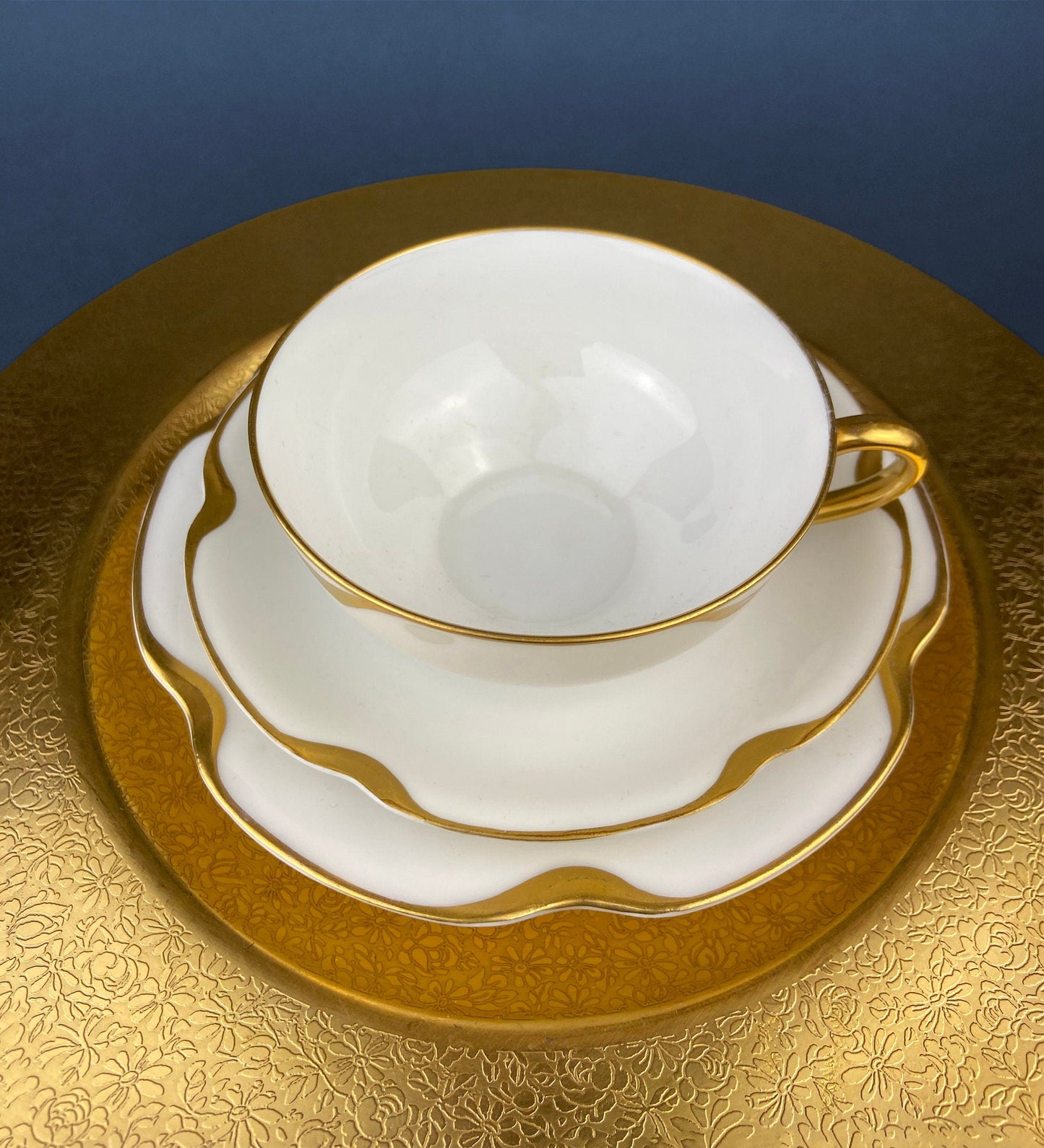 Antique Tea Cup and Saucer with Violets. Hand-Painted Porcelain by Haviland, France. Violet Clusters Motif. Highly Collectible.