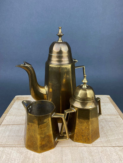 Vintage Metal Coffee Pot, Tea Pot with Creamer & Sugar Bowl with Black Handles. Marked WE B.P.M.S.