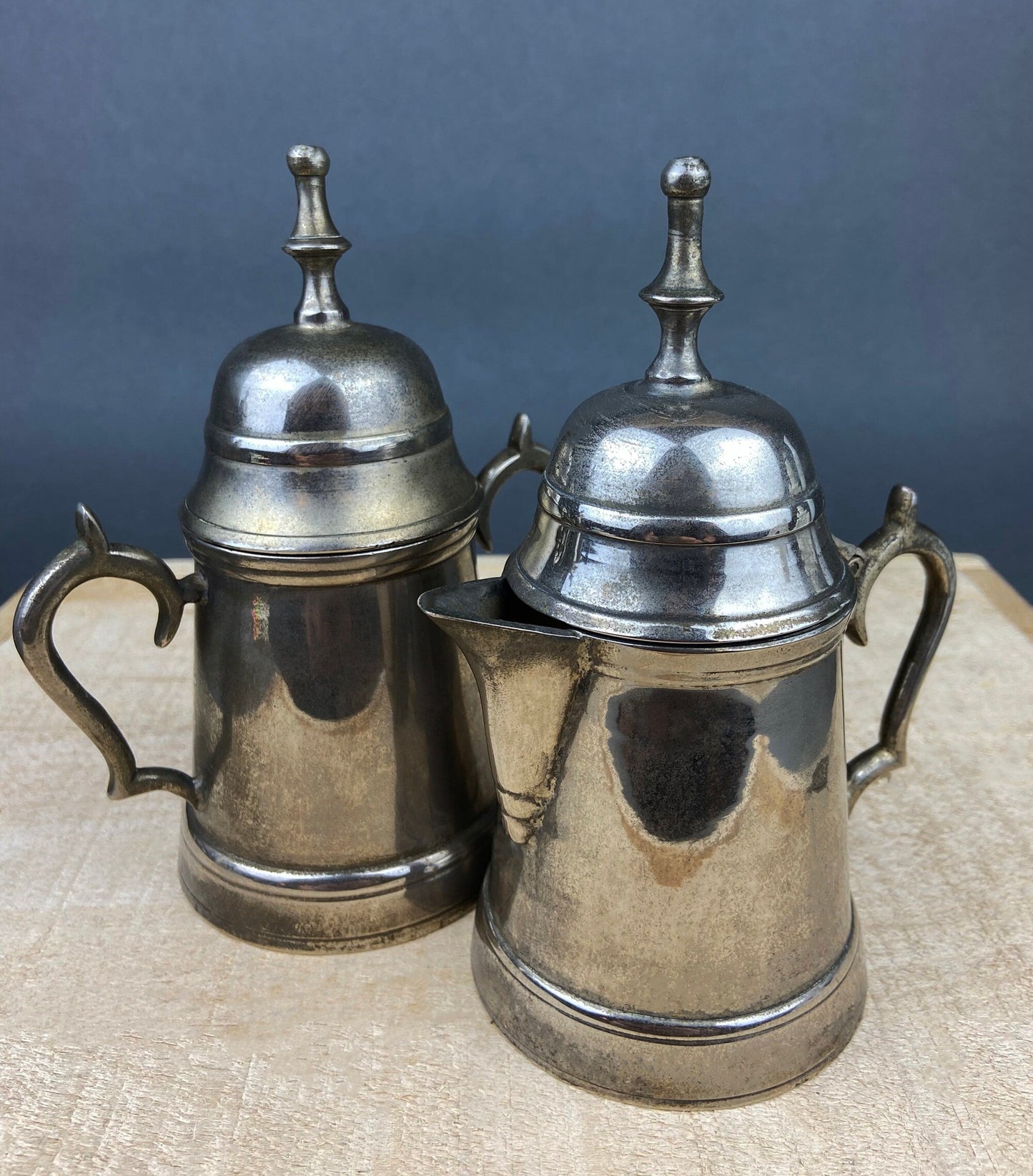 Vintage Metal Coffee Pot, Tea Pot with Creamer & Sugar Bowl with Black Handles. Marked WE B.P.M.S.