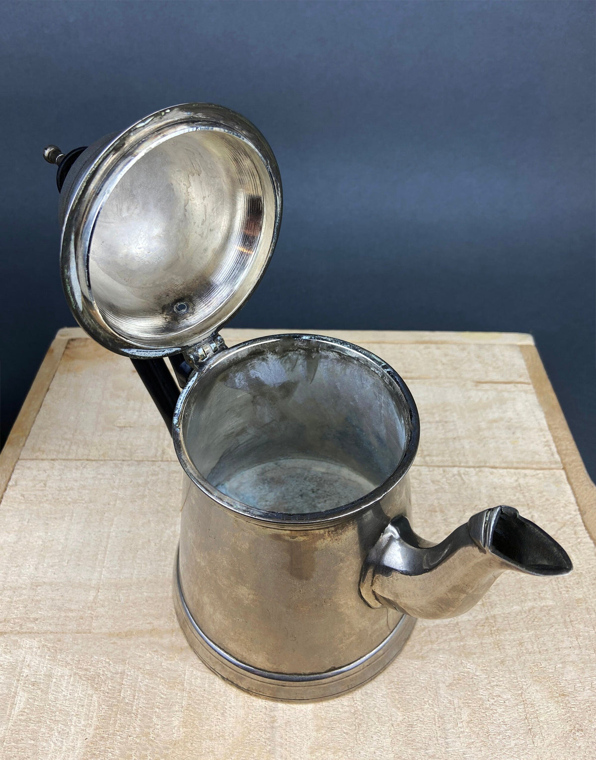 Vintage Metal Coffee Pot, Tea Pot with Creamer & Sugar Bowl with Black Handles. Marked WE B.P.M.S.