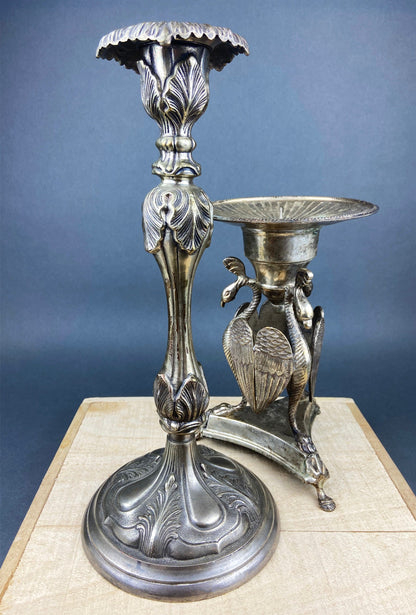 Antique Silver Plated Pillar Candle Holder with Peacocks