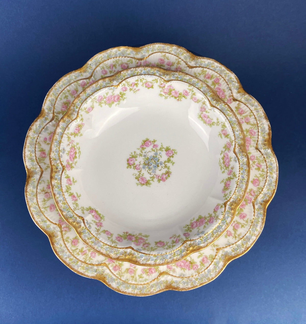 Antique Bavarian Porcelain Teacup, Saucer, and Small Dessert Plate with Delicate Roses. Hand-Painted Trio. Garlands of Roses. J & C Ovid.
