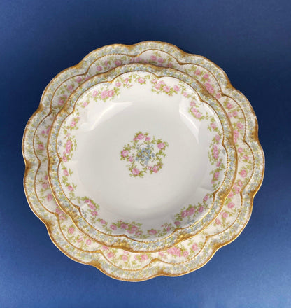 Antique Bavarian Porcelain Teacup, Saucer, and Small Dessert Plate with Delicate Roses. Hand-Painted Trio. Garlands of Roses. J & C Ovid.