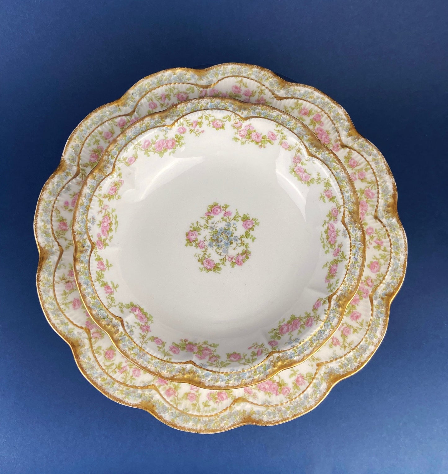 Dinner or Salad Plates, Antique Limoges Elite Porcelain Set of Two Hand-Painted Rose Garlands and Scalloped Gold Rim. MF. & Co.