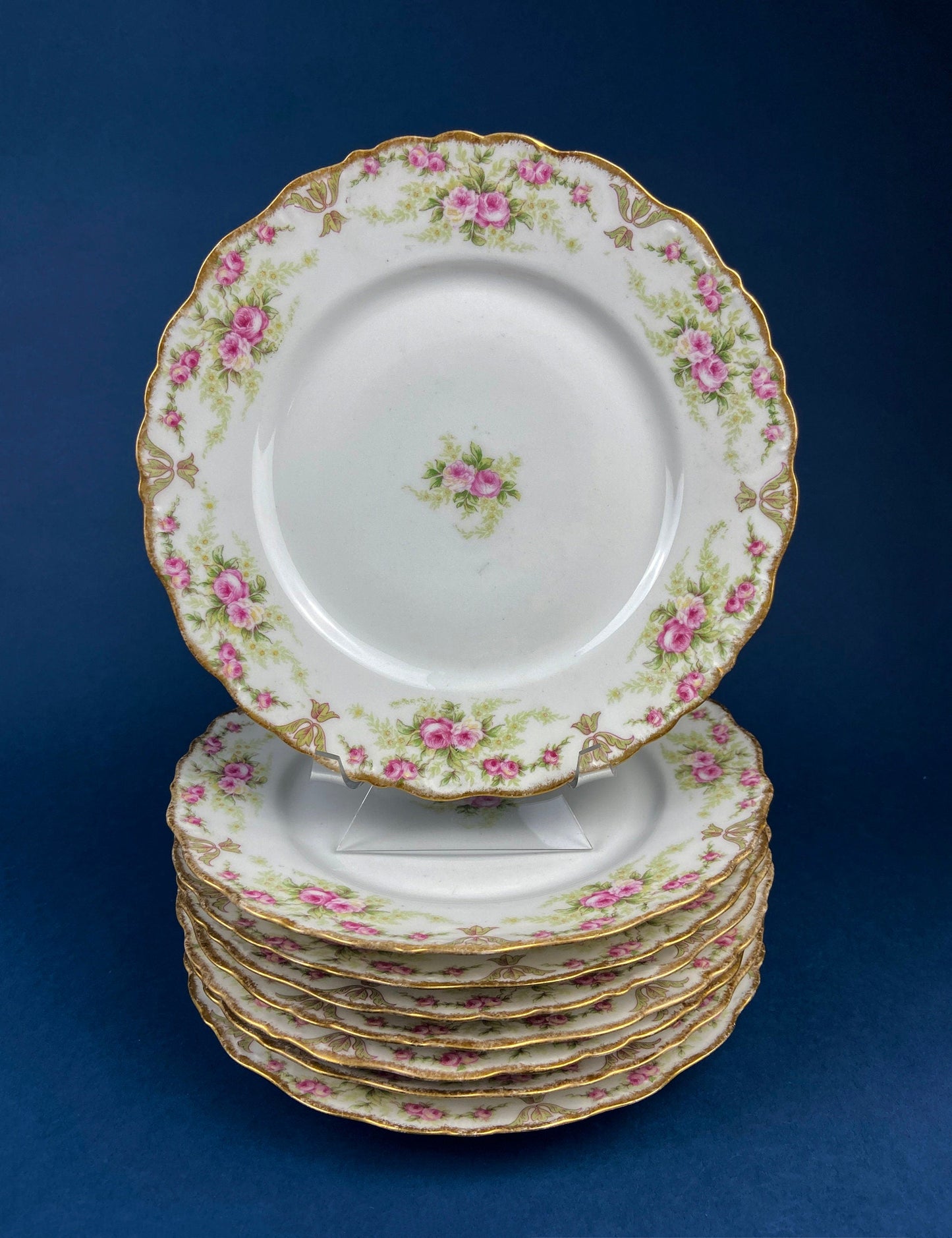 Royal Limoges Dessert Plates (Set of 4): Antique Hand-Painted Rose Garland, Made in France