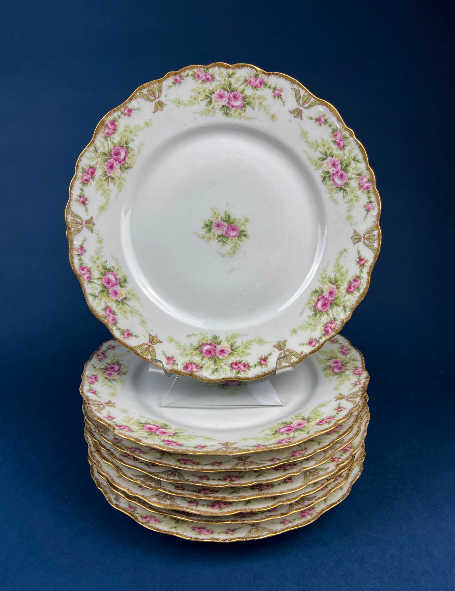 Antique Warwick Salad Plates: Hand-Painted Cottage Rose, Set of 6