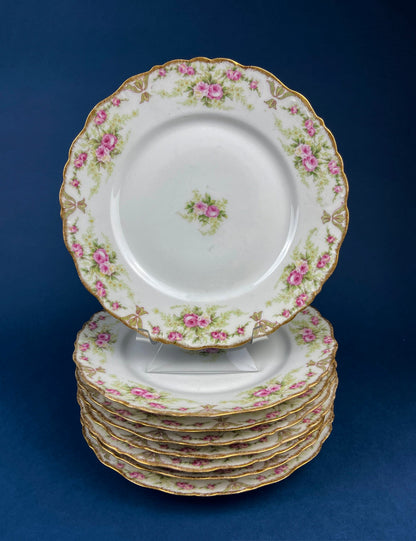 Antique Warwick Salad Plates: Hand-Painted Cottage Rose, Set of 6