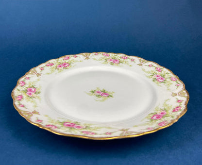 Dinner or Salad Plates, Antique Limoges Elite Porcelain Set of Two Hand-Painted Rose Garlands and Scalloped Gold Rim. MF. & Co.