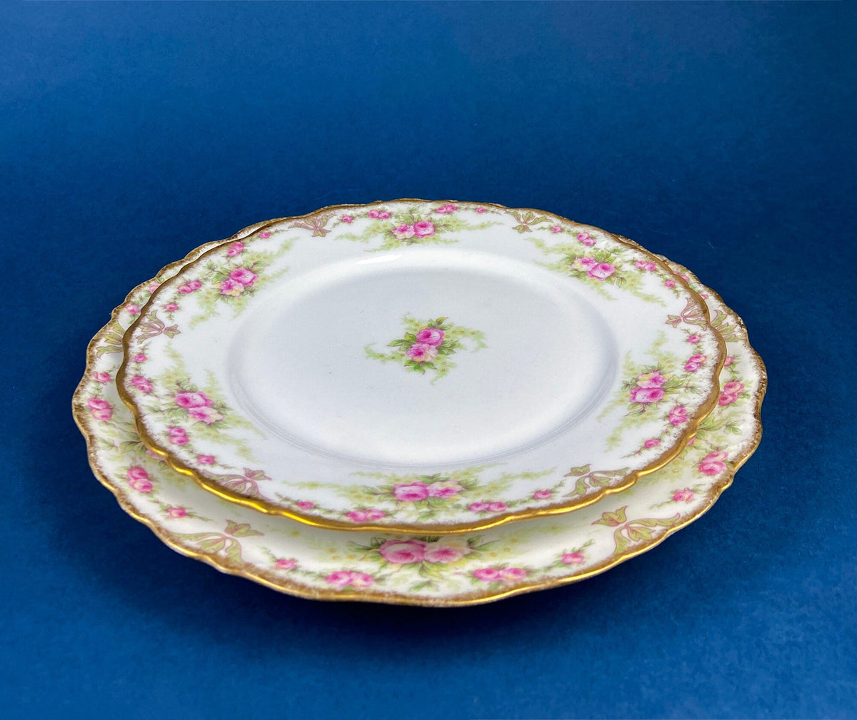 Dinner or Salad Plates, Antique Limoges Elite Porcelain Set of Two Hand-Painted Rose Garlands and Scalloped Gold Rim. MF. & Co.