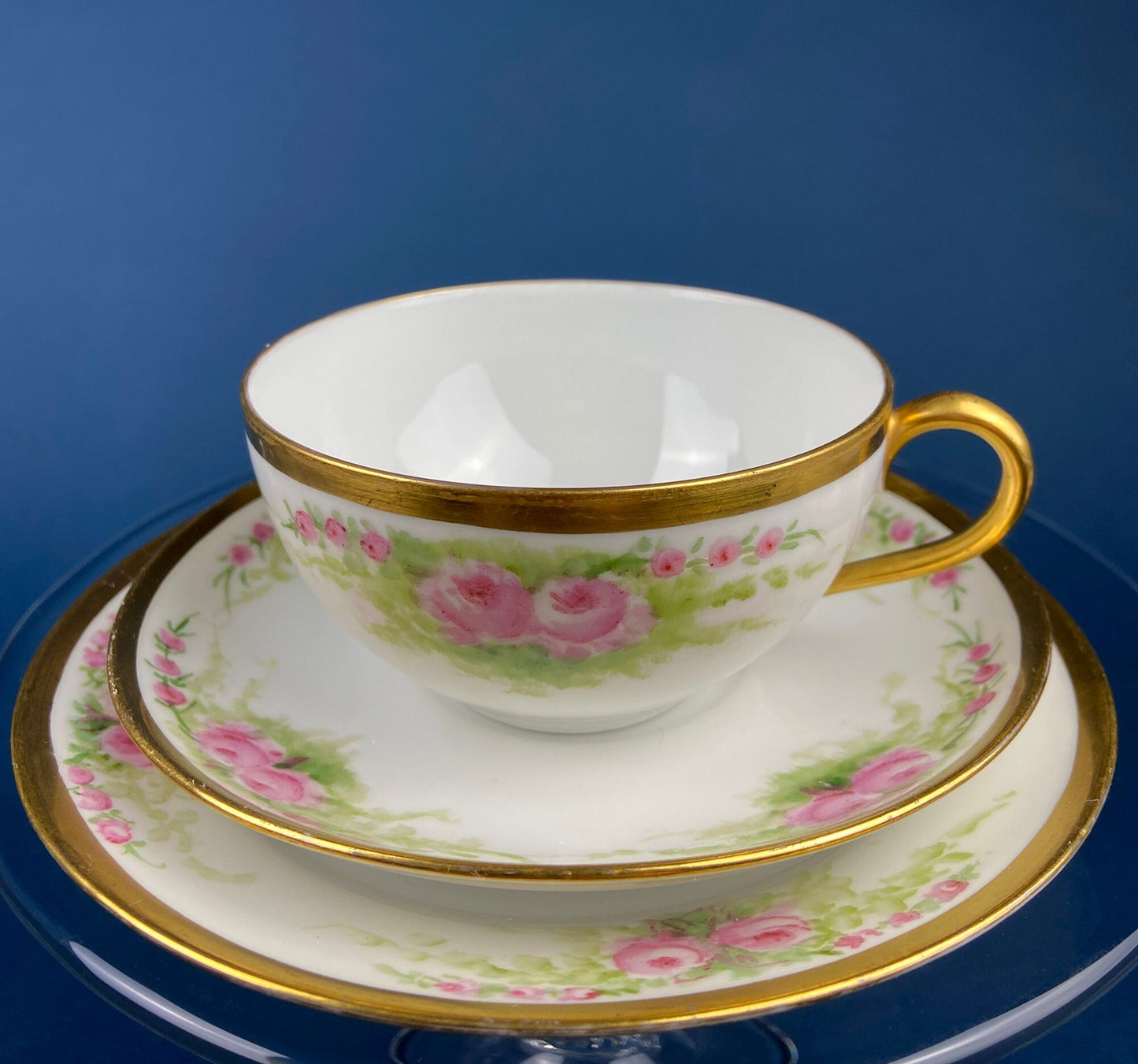 Antique Bavarian Porcelain Teacup, Saucer, and Small Dessert Plate with Delicate Roses. Hand-Painted Trio. Garlands of Roses. J & C Ovid.