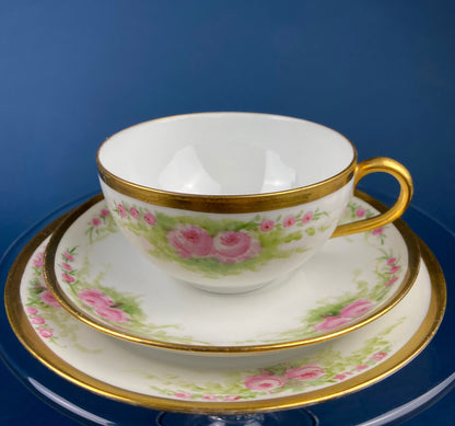 Antique Bavarian Porcelain Teacup, Saucer, and Small Dessert Plate with Delicate Roses. Hand-Painted Trio. Garlands of Roses. J & C Ovid.