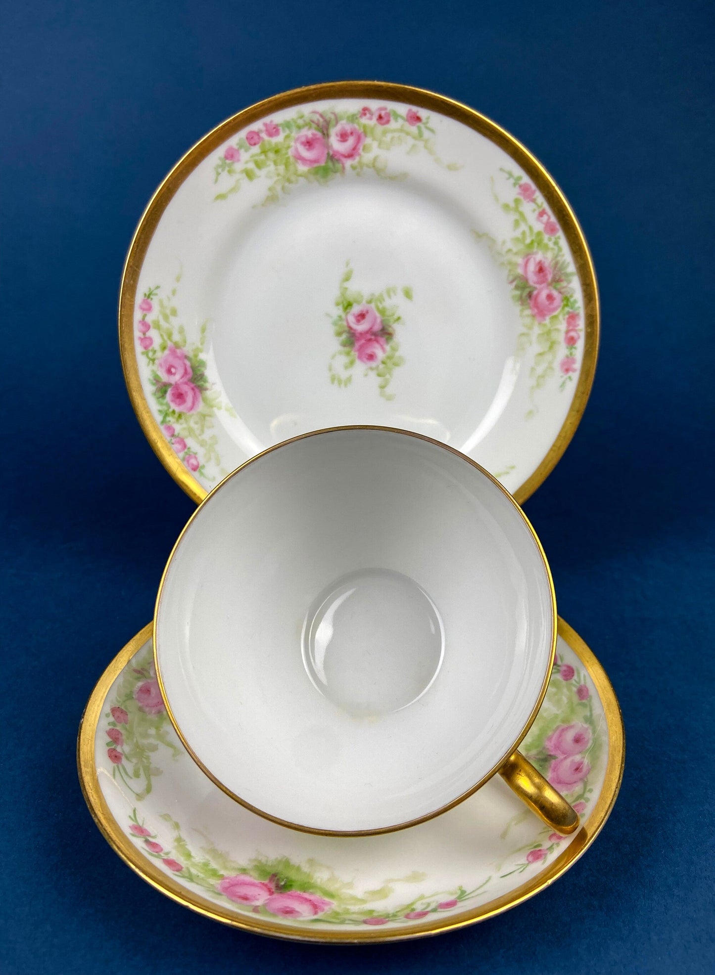 Antique Bavarian Porcelain Teacup, Saucer, and Small Dessert Plate with Delicate Roses. Hand-Painted Trio. Garlands of Roses. J & C Ovid.